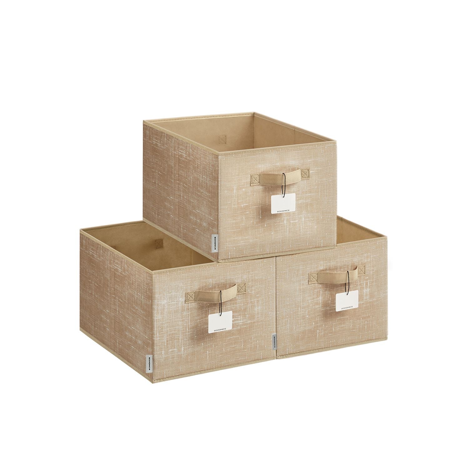 Collapsible Storage Boxes Set of 3 – Fabric – Sand Beige – Wardrobe Organisers with Handles and Label Holders