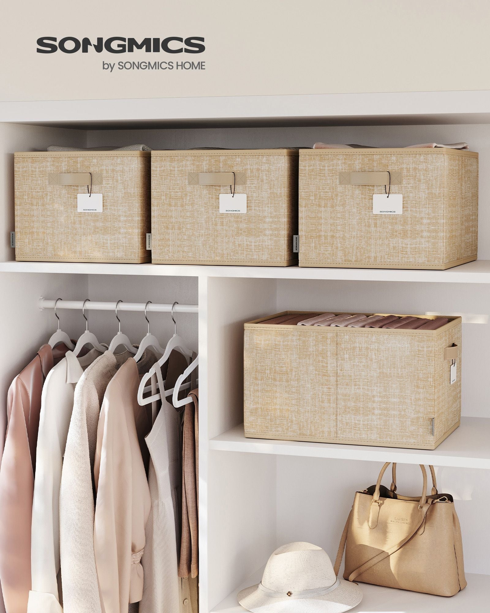 Collapsible Storage Boxes Set of 3 – Fabric – Sand Beige – Wardrobe Organisers with Handles and Label Holders