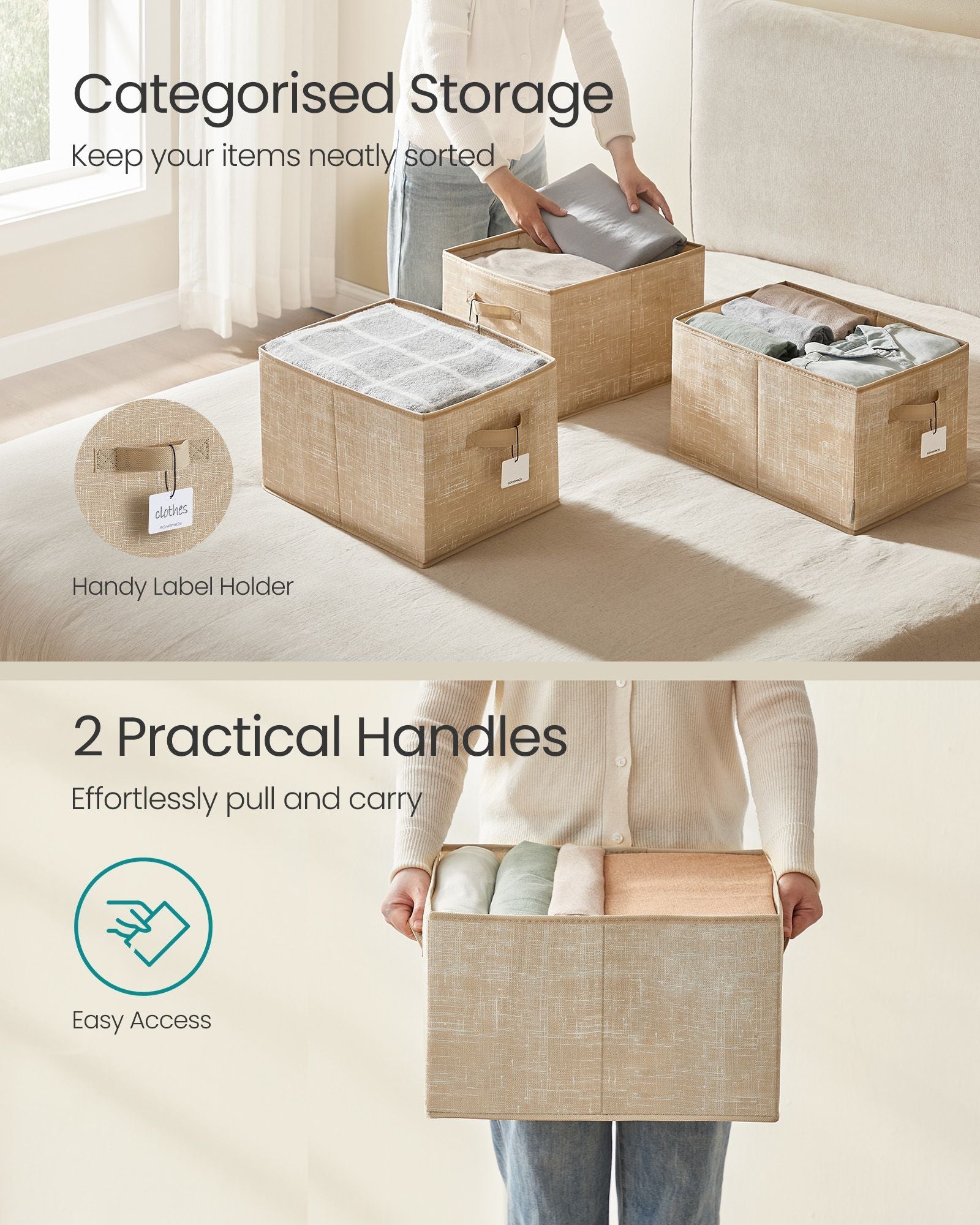 Collapsible Storage Boxes Set of 3 – Fabric – Sand Beige – Wardrobe Organisers with Handles and Label Holders