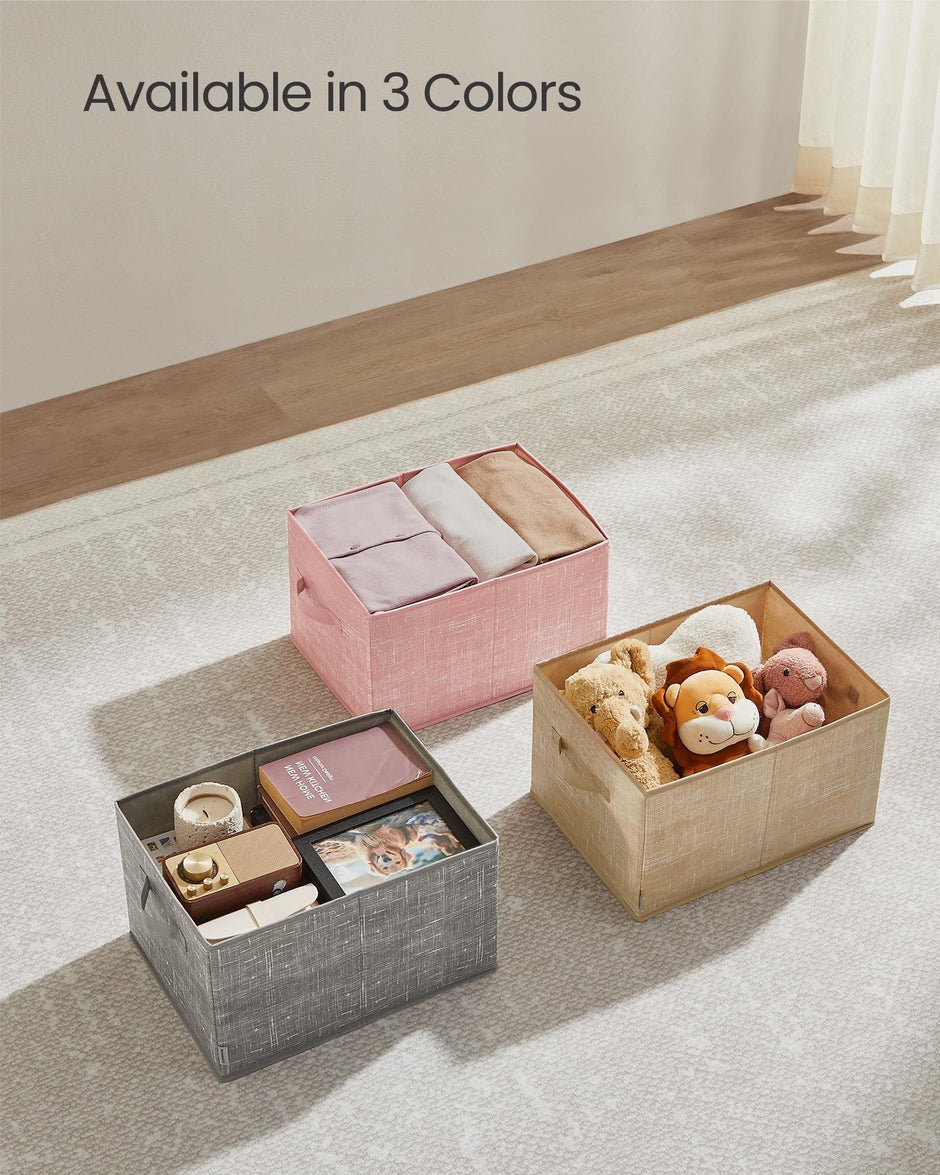 Collapsible Storage Boxes Set of 3 – Fabric – Sand Beige – Wardrobe Organisers with Handles and Label Holders