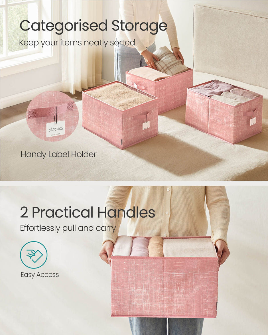 Collapsible Storage Boxes Set of 3 – Fabric – Jelly Pink – Wardrobe Organisers with Handles and Label Holders