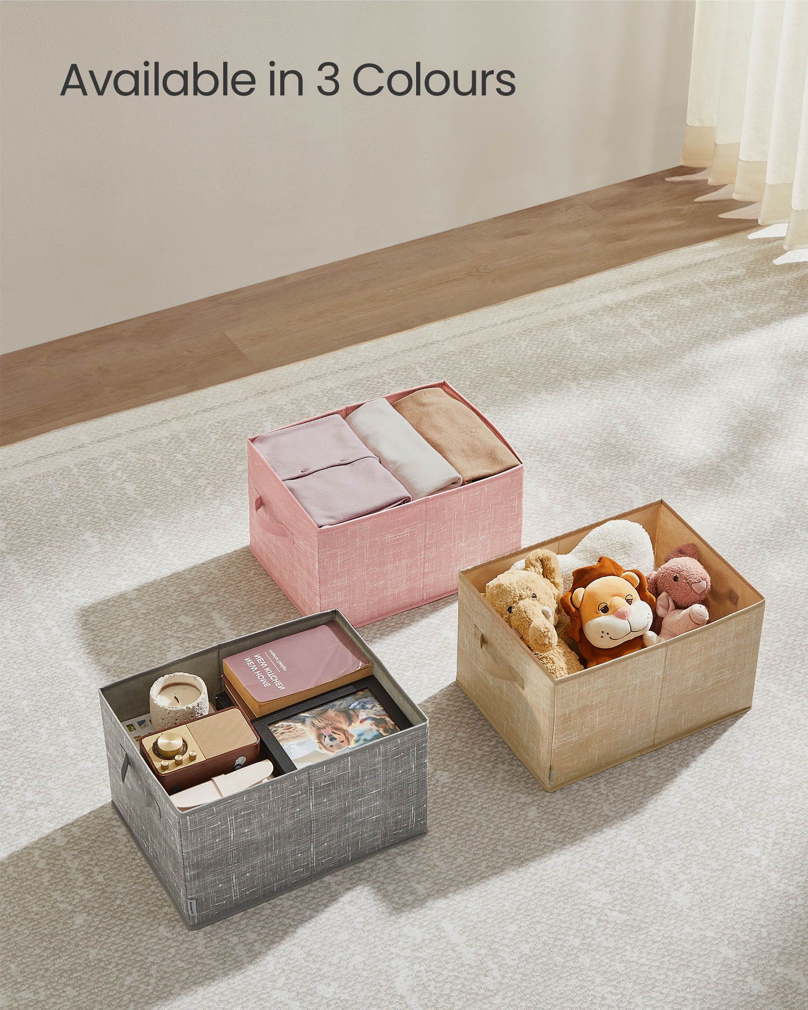 Collapsible Storage Boxes Set of 3 – Fabric – Jelly Pink – Wardrobe Organisers with Handles and Label Holders