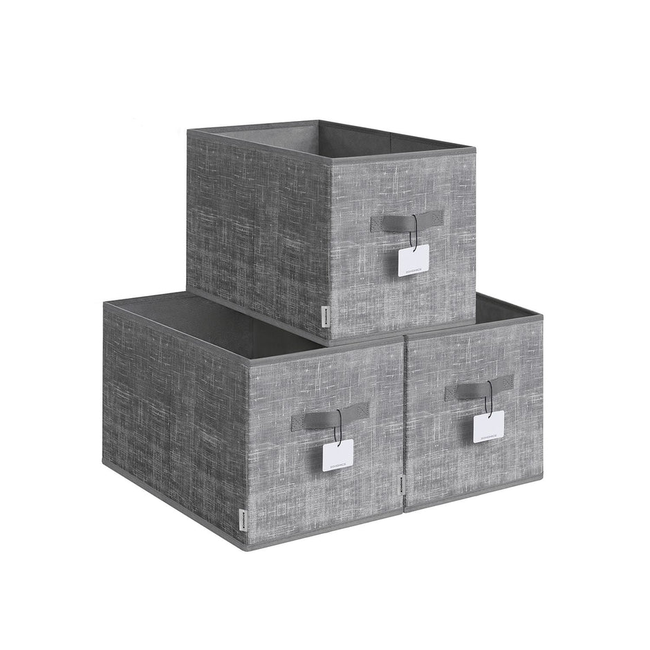 Collapsible Storage Boxes Set of 3 – Fabric – Cattail Grey – Versatile Wardrobe Organisers with Handles and Label Holders