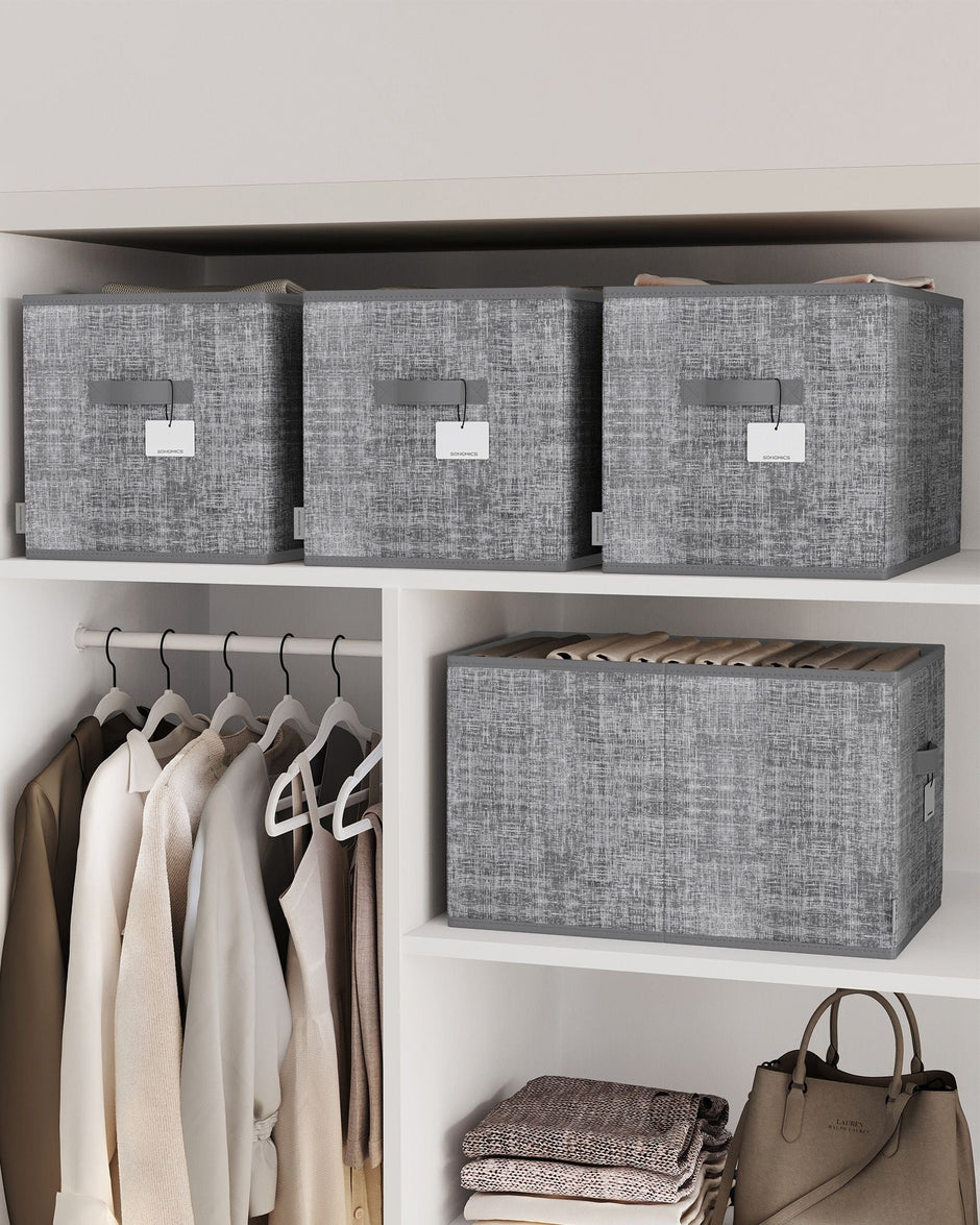 Collapsible Storage Boxes Set of 3 – Fabric – Cattail Grey – Versatile Wardrobe Organisers with Handles and Label Holders
