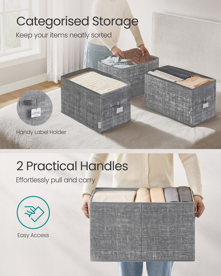 Collapsible Storage Boxes Set of 3 – Fabric – Cattail Grey – Versatile Wardrobe Organisers with Handles and Label Holders
