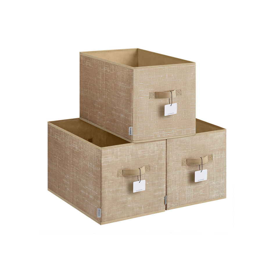 Collapsible Storage Boxes – Fabric – Sand Beige – Set of 3 with Handles and Label Holders