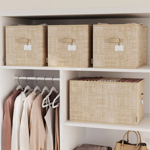 Collapsible Storage Boxes – Fabric – Sand Beige – Set of 3 with Handles and Label Holders