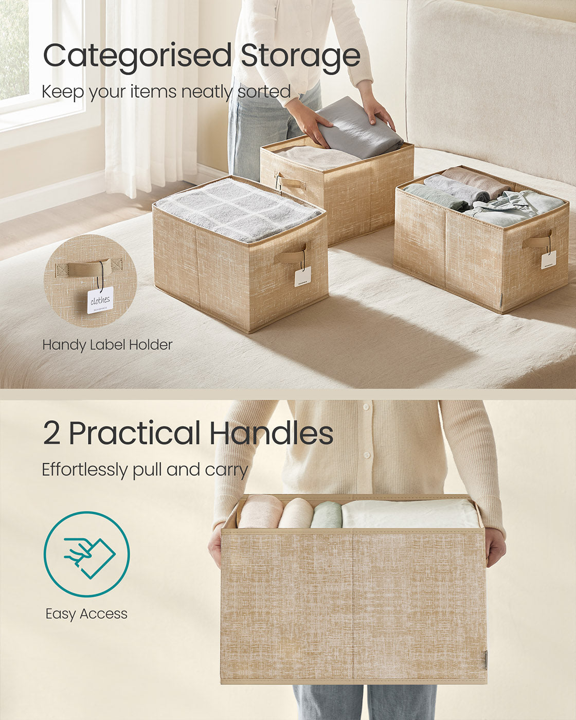 Collapsible Storage Boxes – Fabric – Sand Beige – Set of 3 with Handles and Label Holders