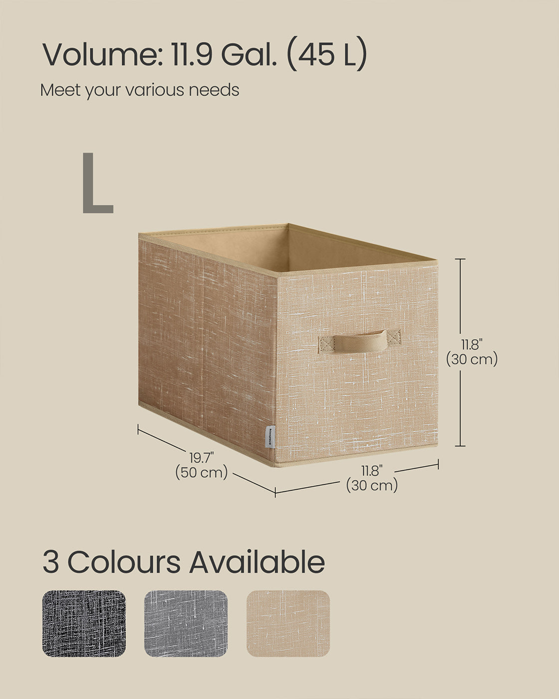 Collapsible Storage Boxes – Fabric – Sand Beige – Set of 3 with Handles and Label Holders