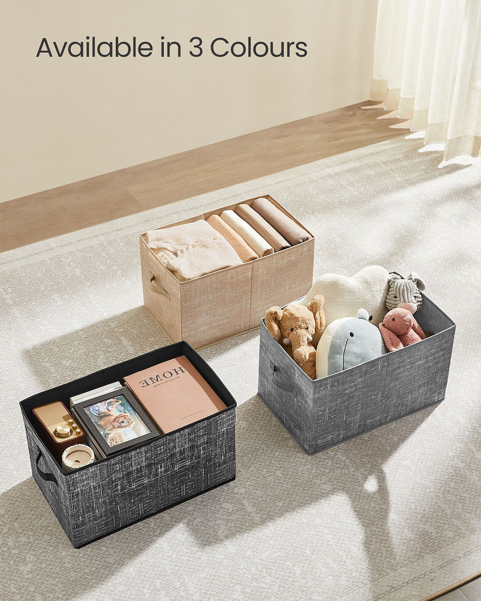 Collapsible Storage Boxes – Fabric – Sand Beige – Set of 3 with Handles and Label Holders