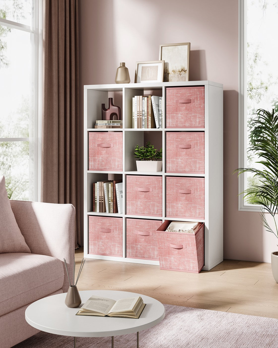 Storage Cubes – Non-Woven Fabric – Jelly Pink – Set of 8 with Double Handles, Foldable