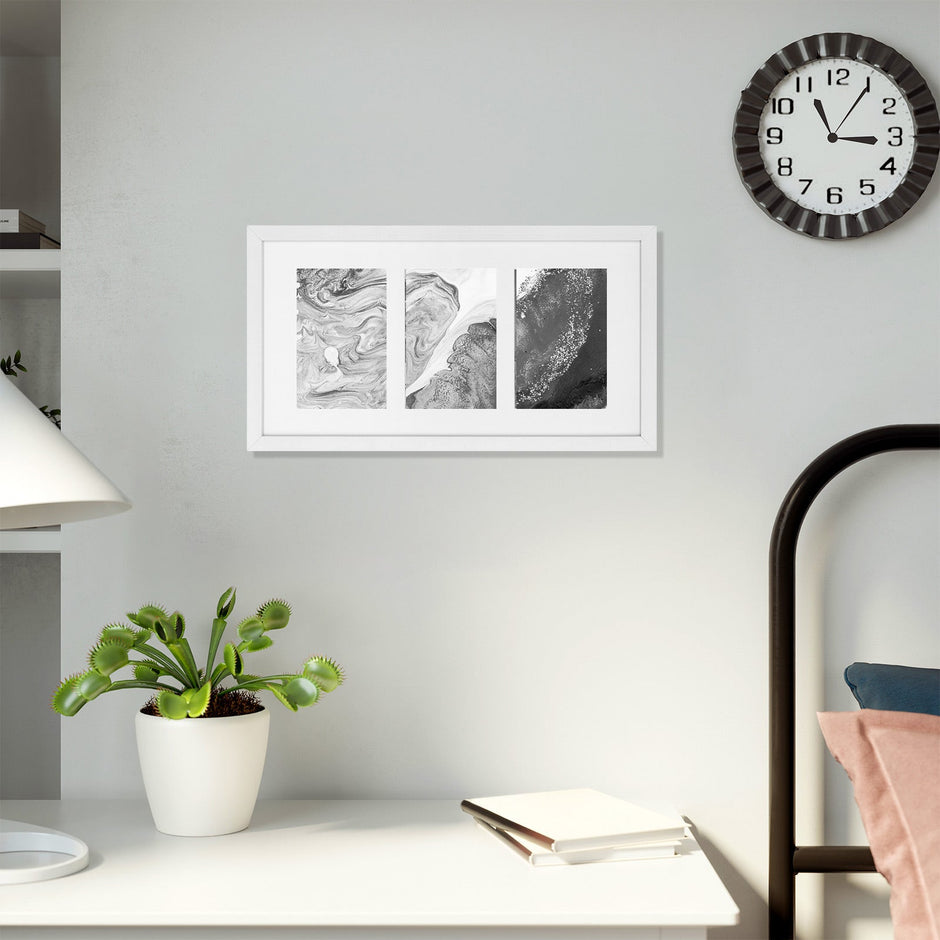 Triple Picture Frame – MDF with Glass Front – White – Wall Mounted or Table Top Display for Three 10 x 15 cm Photos
