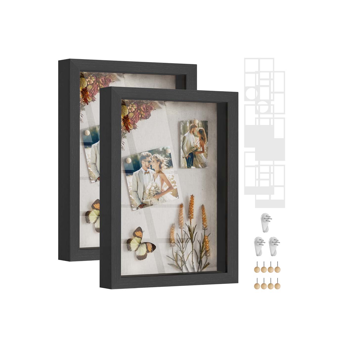 A4 Collage Picture Frame – Wood – Black – Includes 6 Mats and Shadow Box with Push Pins