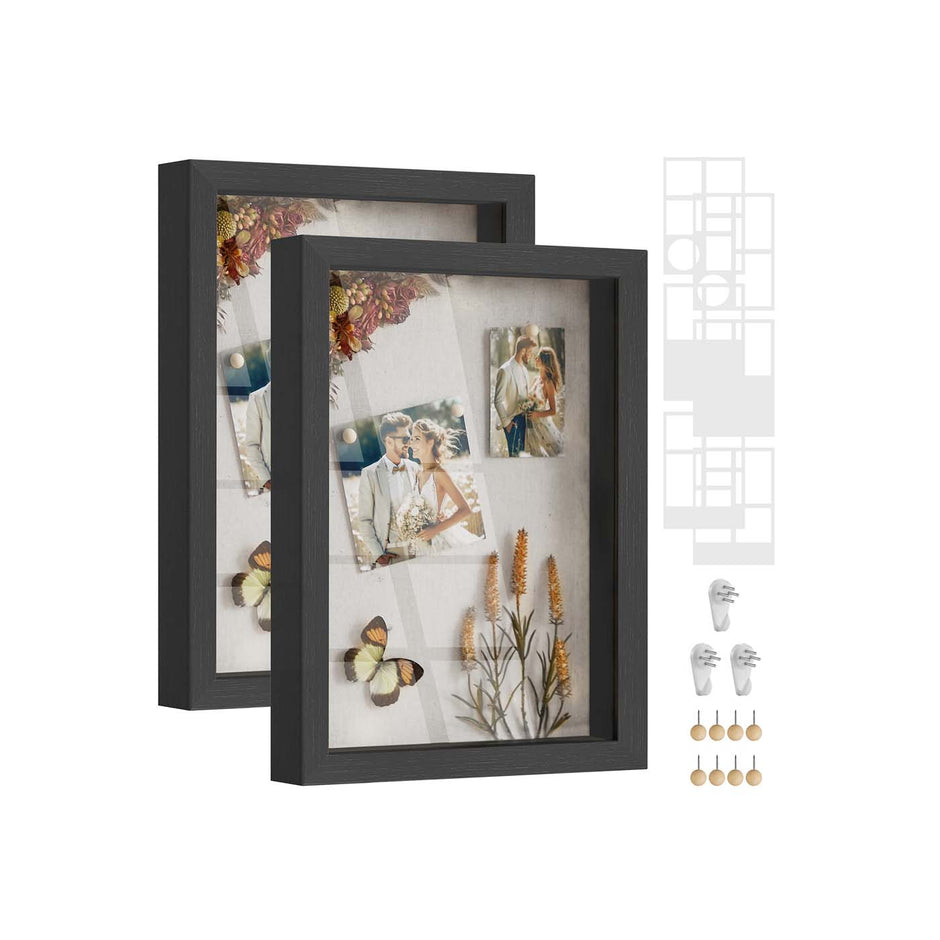 A4 Collage Picture Frame – Wood – Black – Includes 6 Mats and Shadow Box with Push Pins