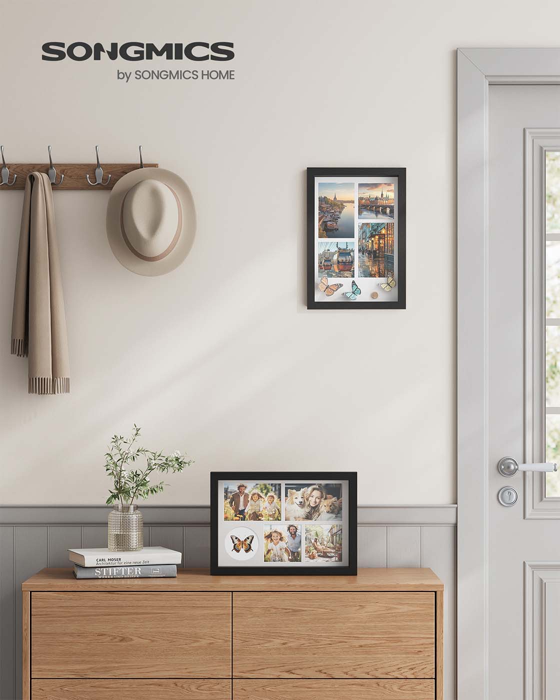 A4 Collage Picture Frame – Wood – Black – Includes 6 Mats and Shadow Box with Push Pins