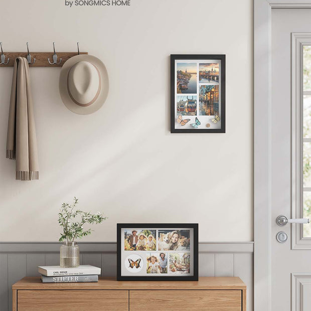 A4 Collage Picture Frame – Wood – Black – Includes 6 Mats and Shadow Box with Push Pins
