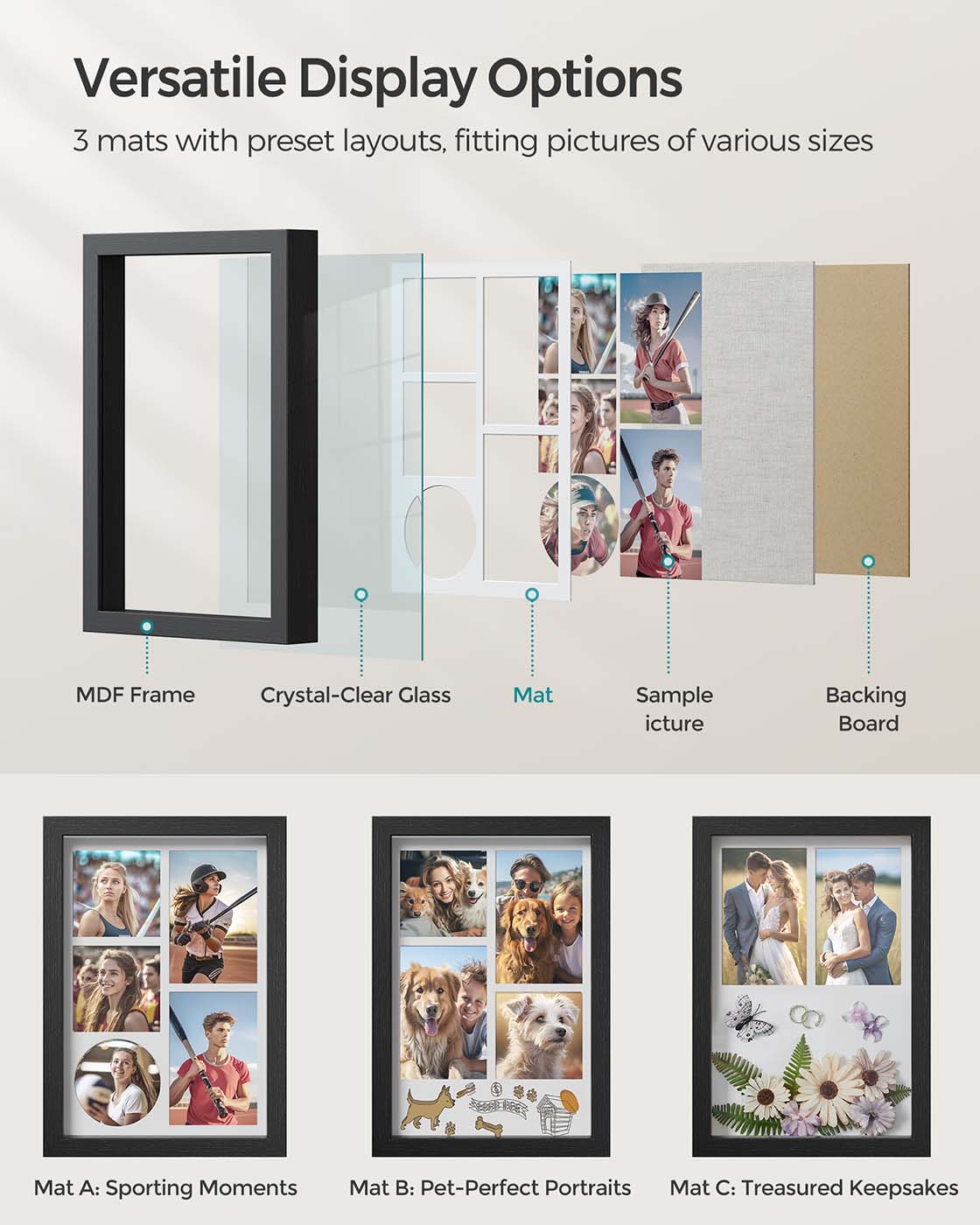 A4 Collage Picture Frame – Wood – Black – Includes 6 Mats and Shadow Box with Push Pins