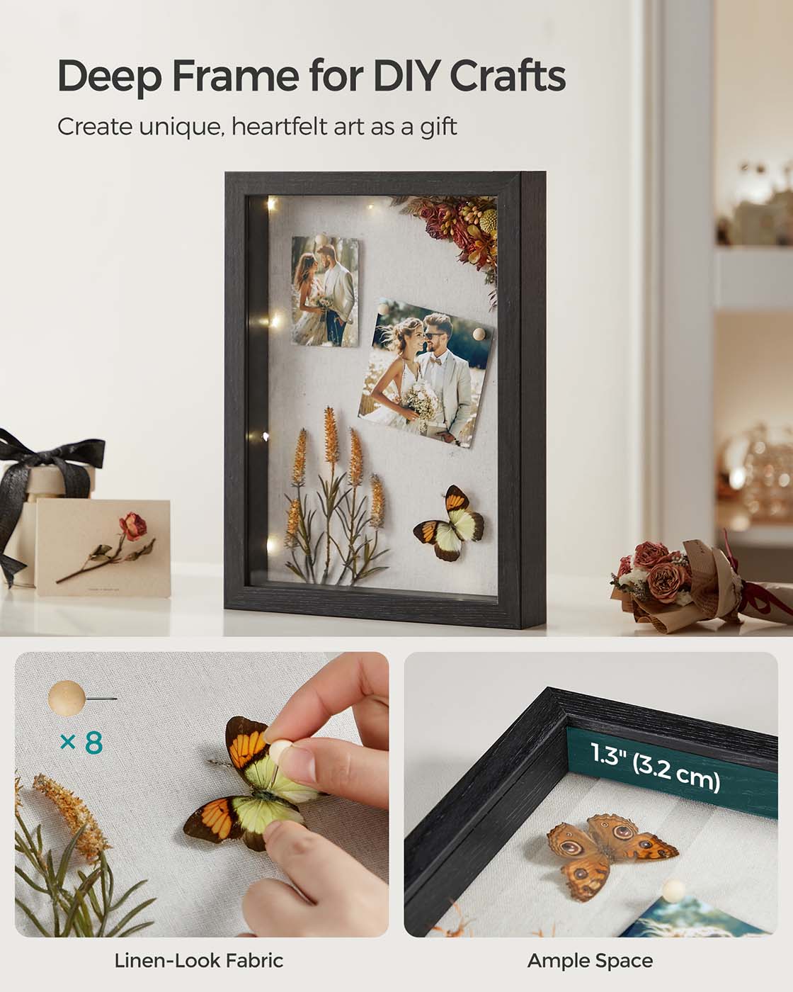 A4 Collage Picture Frame – Wood – Black – Includes 6 Mats and Shadow Box with Push Pins