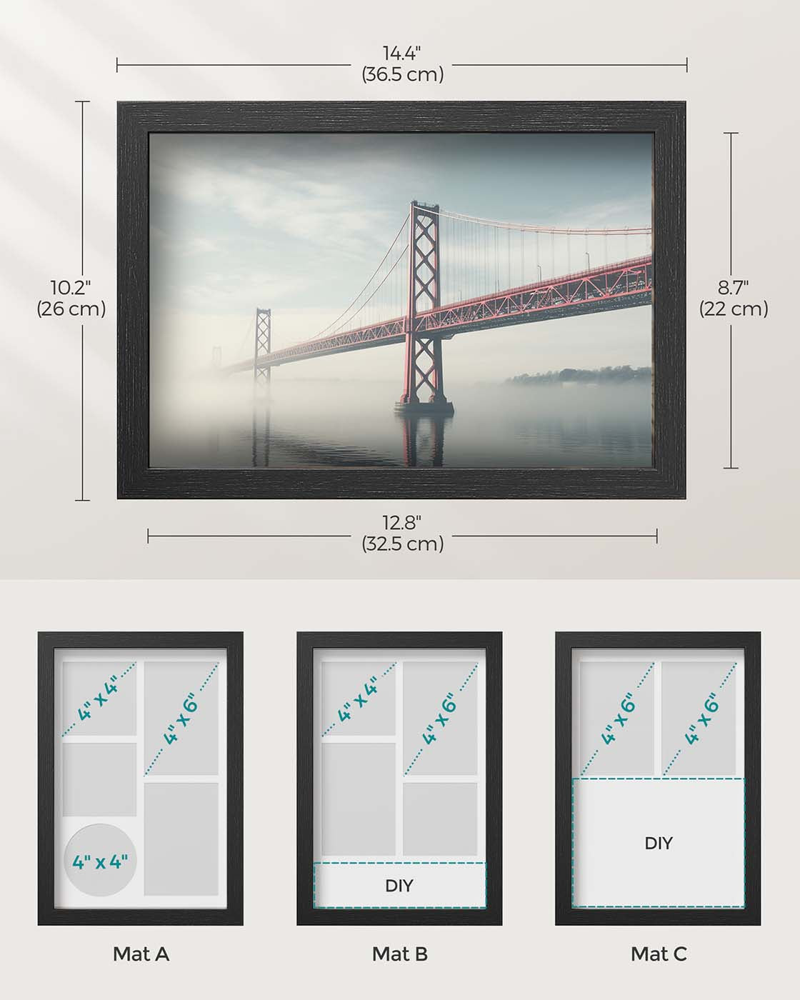 A4 Collage Picture Frame – Wood – Black – Includes 6 Mats and Shadow Box with Push Pins