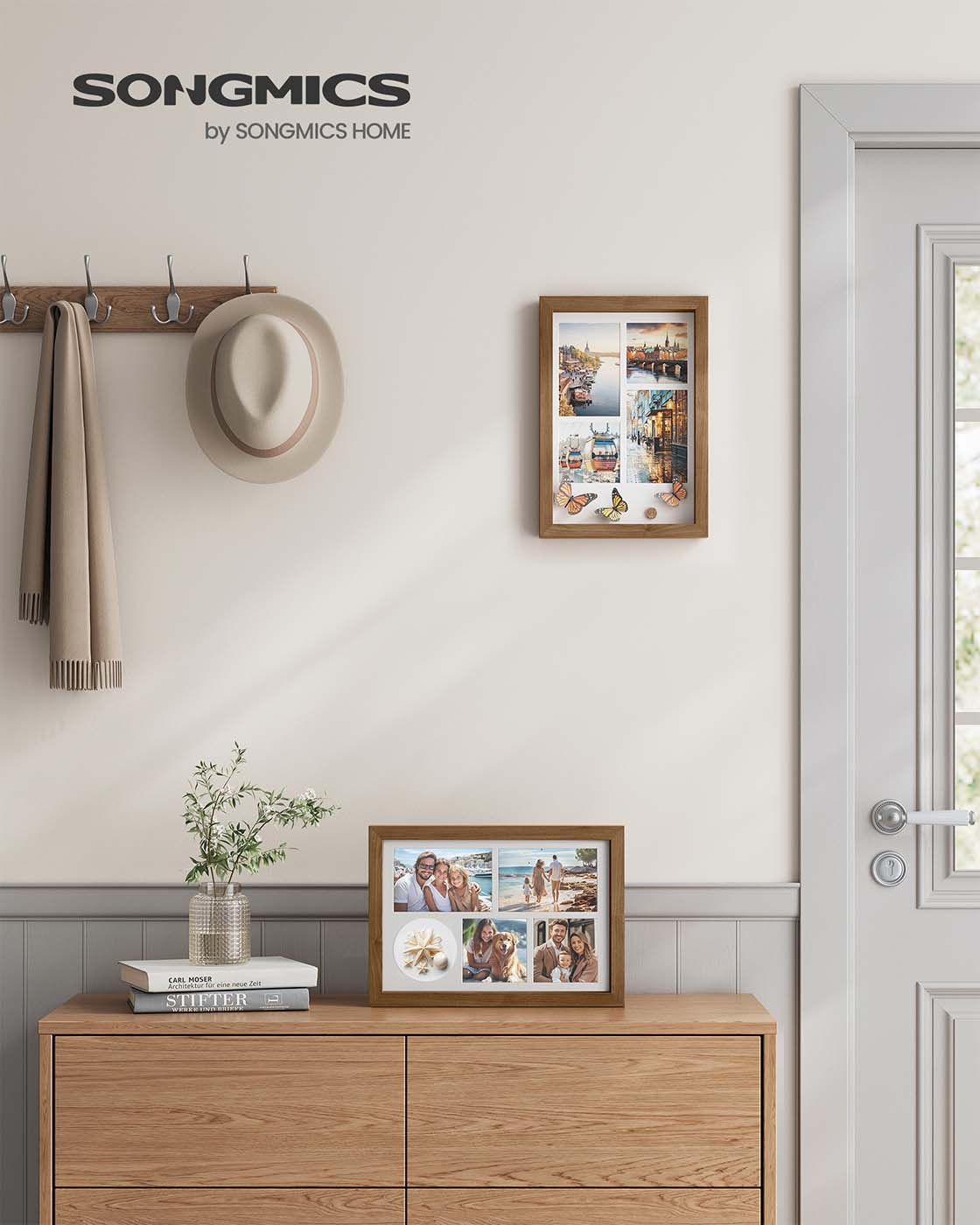 A4 Collage Picture Frame – Wood – Black – Includes 6 Mats and Shadow Box with Push Pins