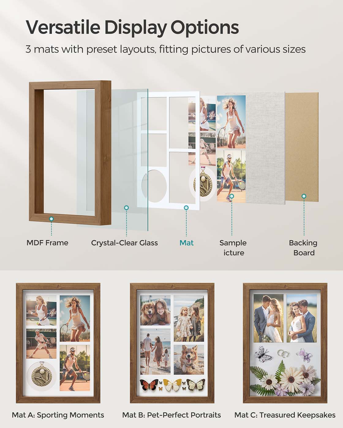 A4 Collage Picture Frame – Wood – Black – Includes 6 Mats and Shadow Box with Push Pins