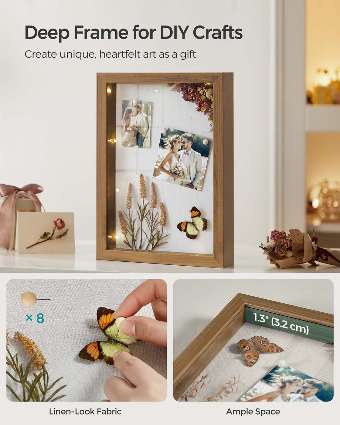 A4 Collage Picture Frame – Wood – Black – Includes 6 Mats and Shadow Box with Push Pins