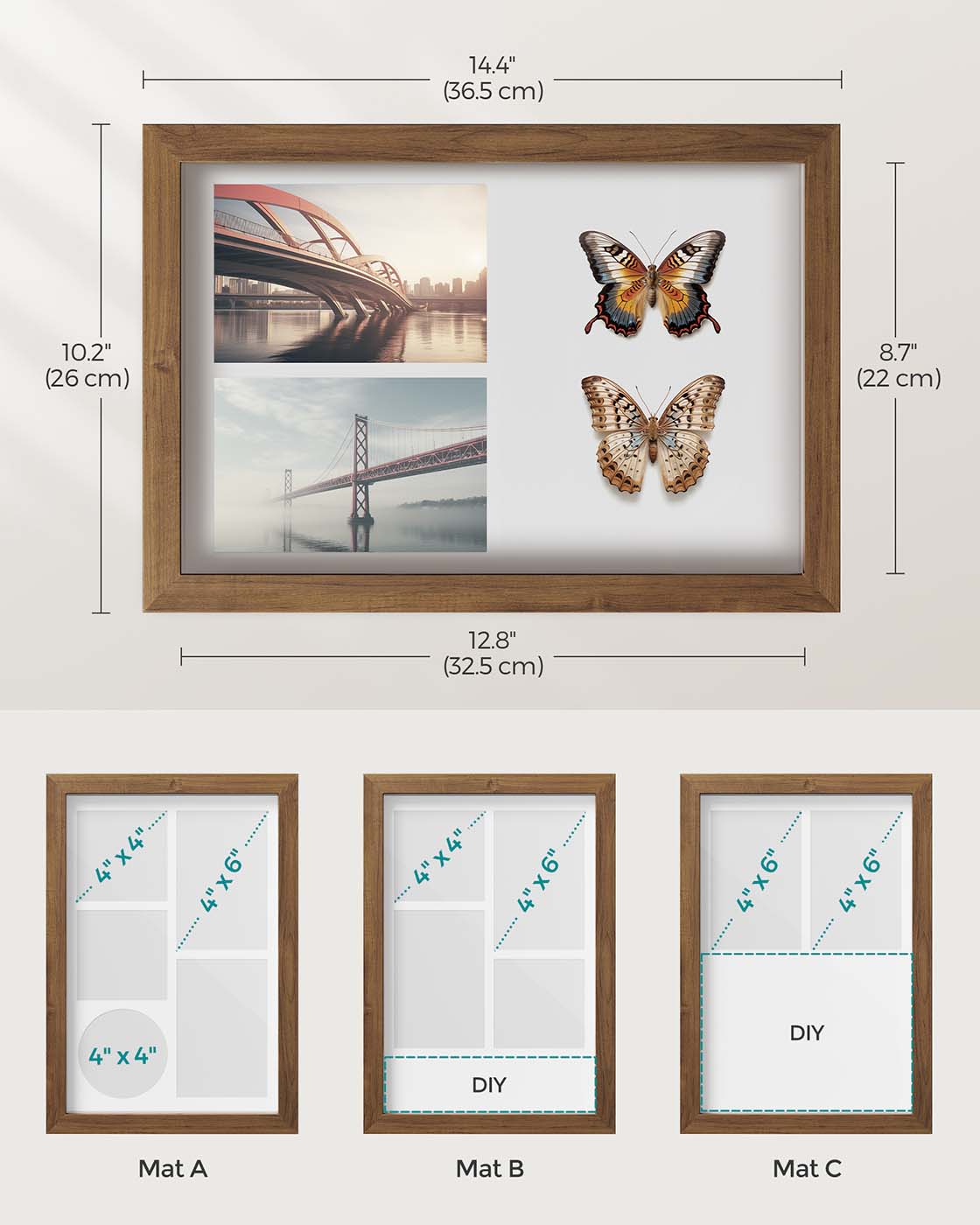A4 Collage Picture Frame – Wood – Black – Includes 6 Mats and Shadow Box with Push Pins