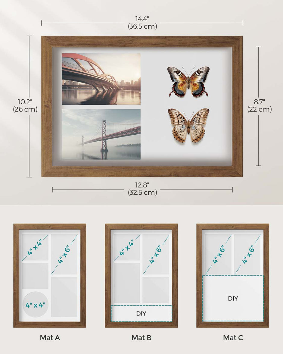 A4 Collage Picture Frame – Wood – Black – Includes 6 Mats and Shadow Box with Push Pins