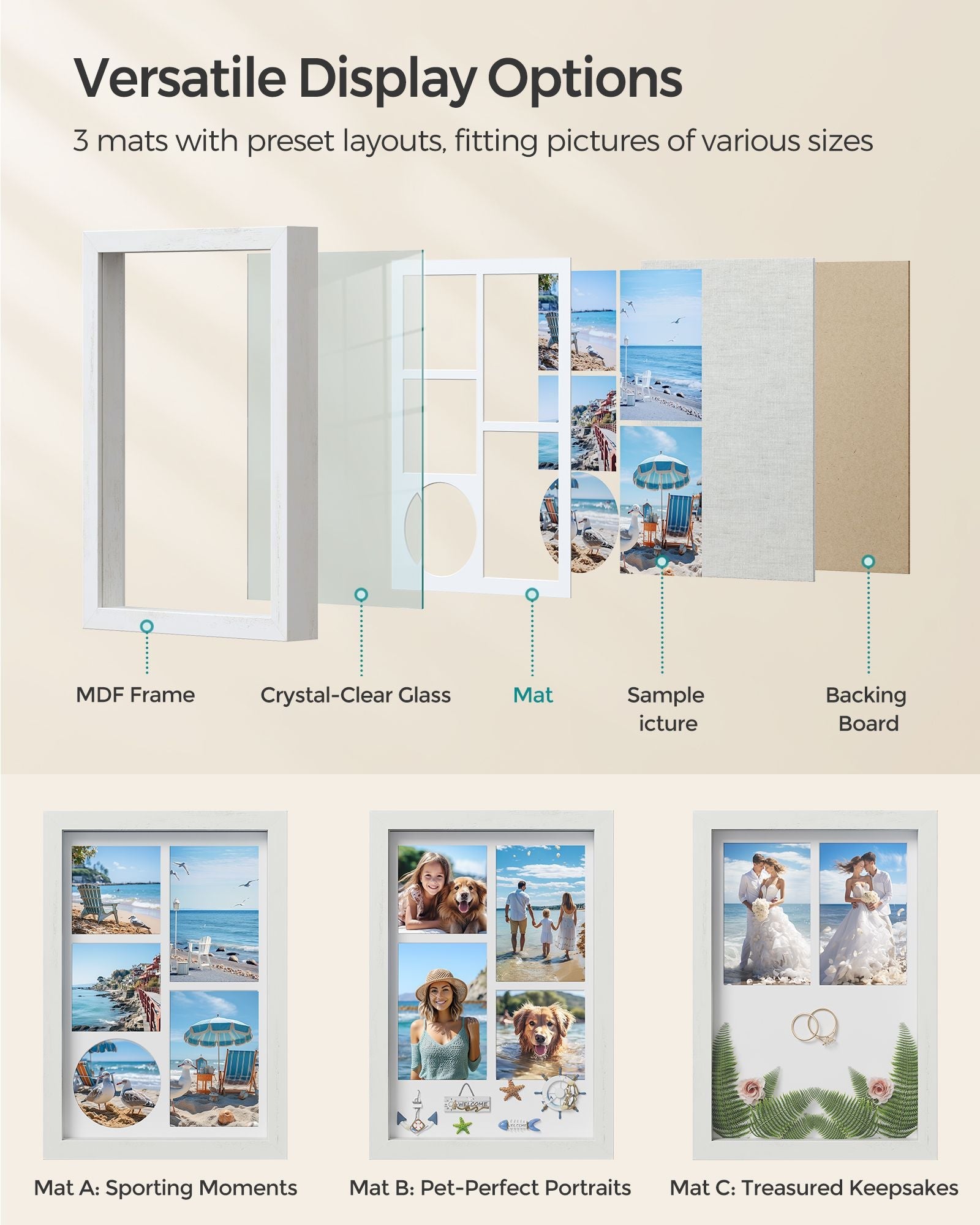 A4 Shadow Box Picture Frame – Wood – Multi-Photo – Includes 3 Mats and 4 Push Pins