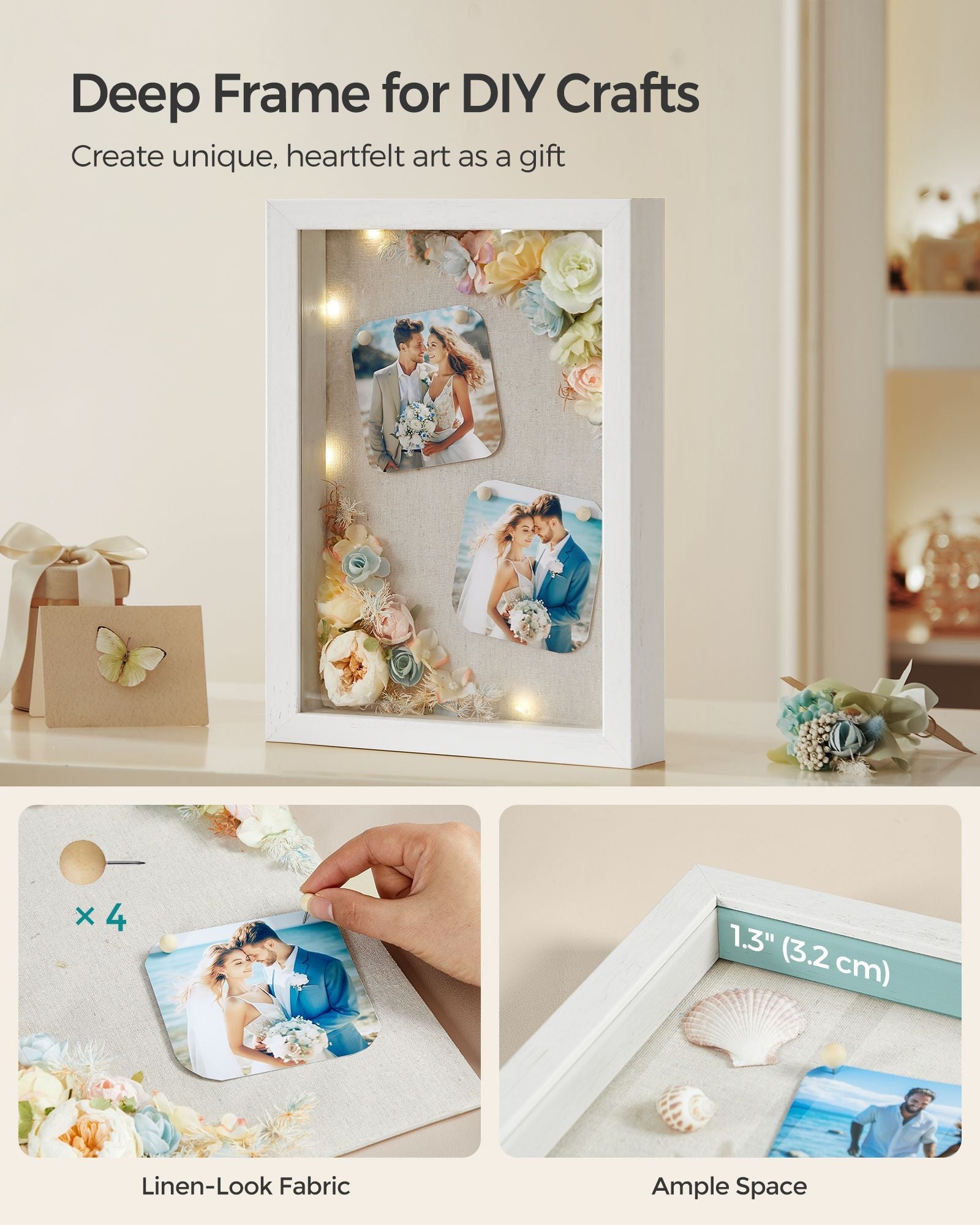 A4 Shadow Box Picture Frame – Wood – Multi-Photo – Includes 3 Mats and 4 Push Pins