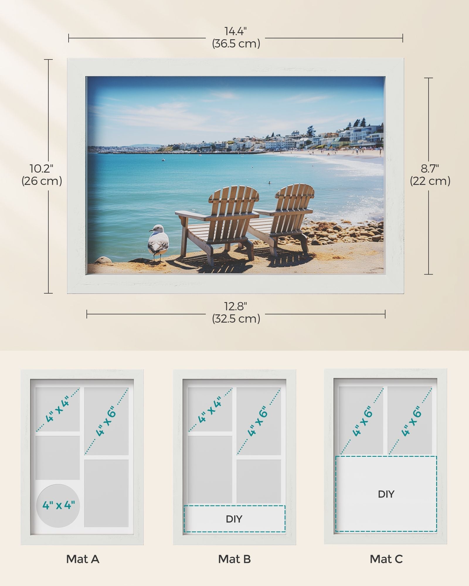 A4 Shadow Box Picture Frame – Wood – Multi-Photo – Includes 3 Mats and 4 Push Pins