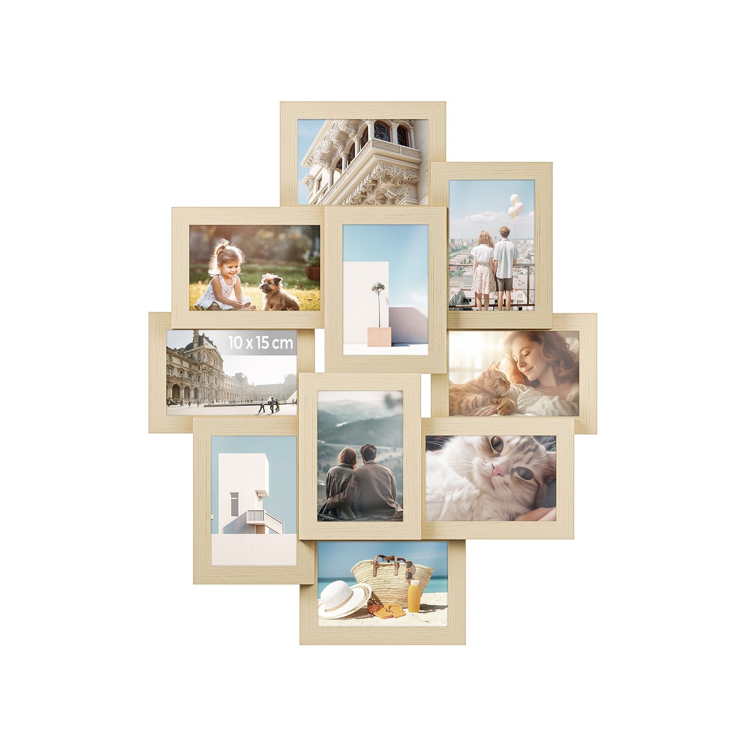 Photo Frame Collage – MDF – Natural Beige – Wall Mounted for 10 Photos (4x6)