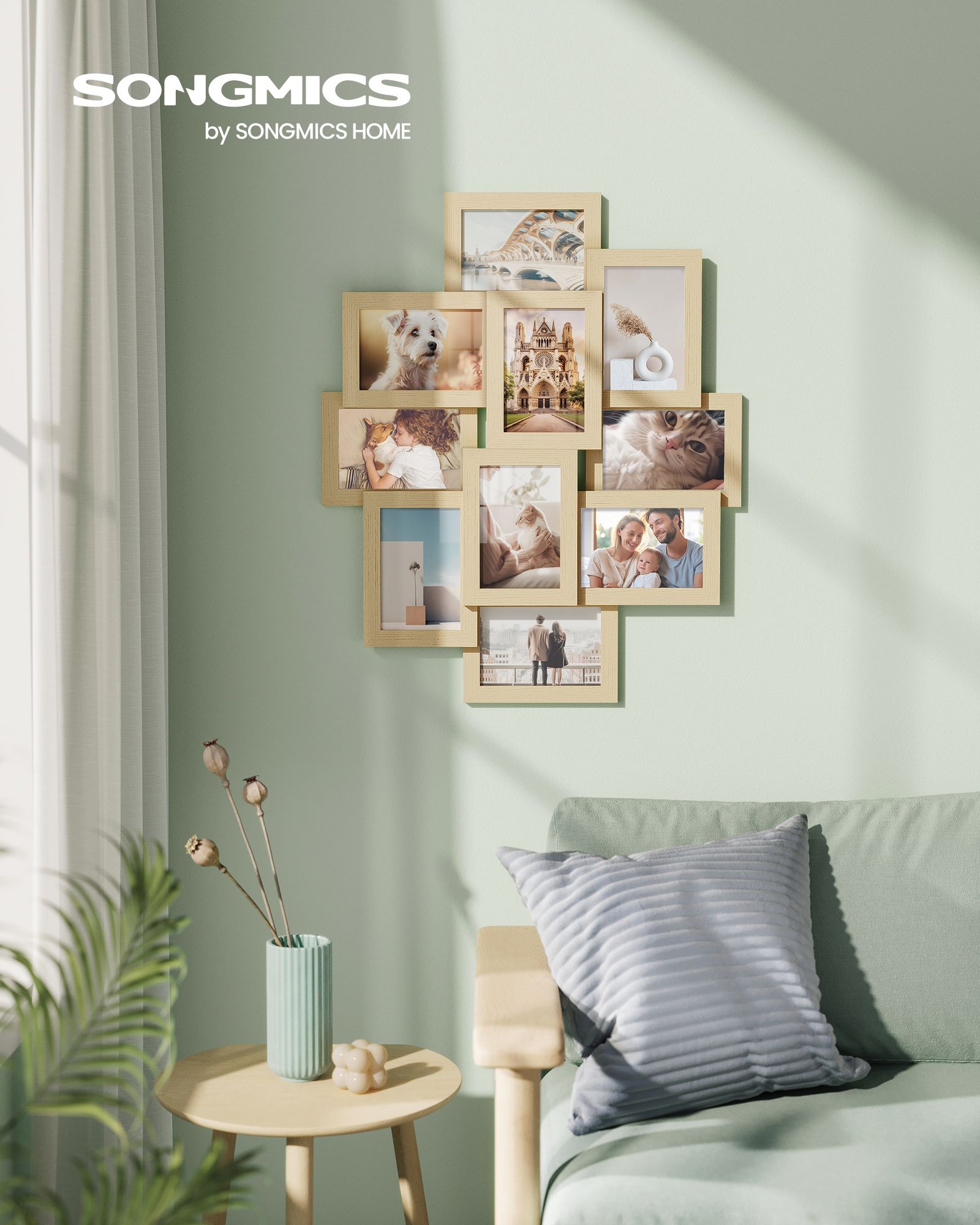 Photo Frame Collage – MDF – Natural Beige – Wall Mounted for 10 Photos (4x6)