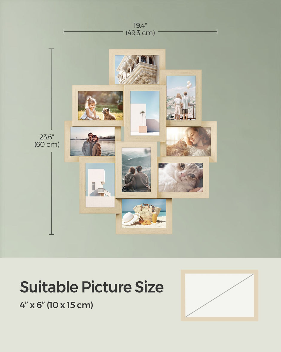 Photo Frame Collage – MDF – Natural Beige – Wall Mounted for 10 Photos (4x6)