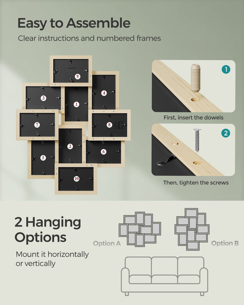 Photo Frame Collage – MDF – Natural Beige – Wall Mounted for 10 Photos (4x6)