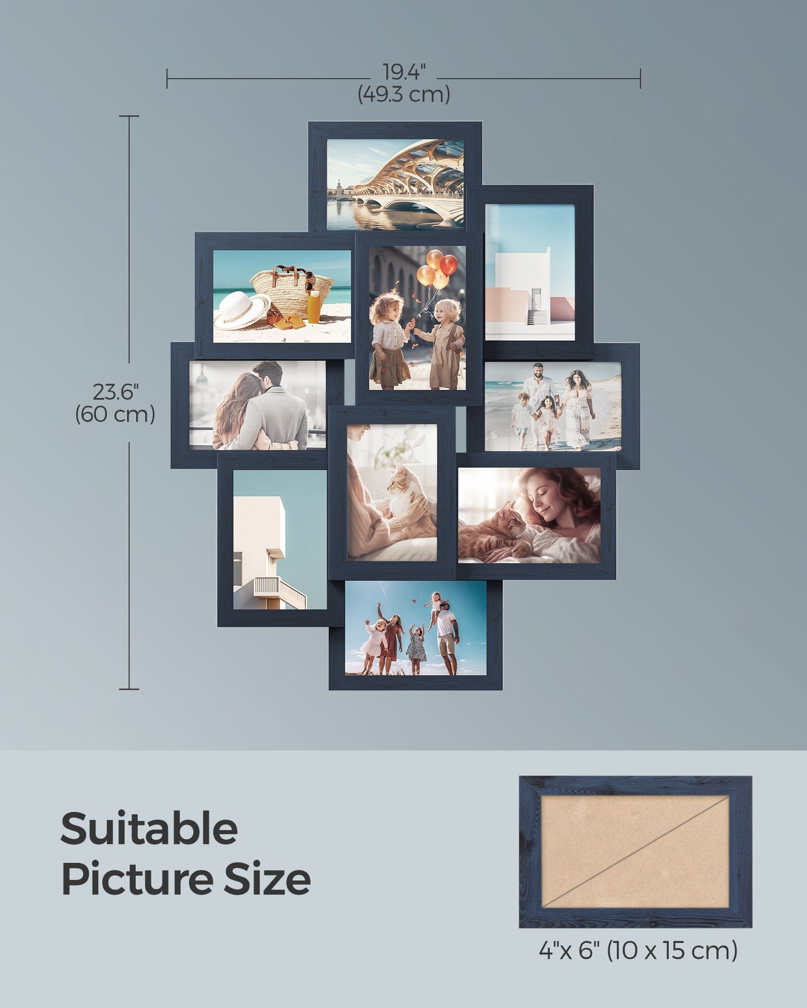 Photo Frame Collage – MDF – Navy Blue – 10-Window Gallery for 4x6 Photos