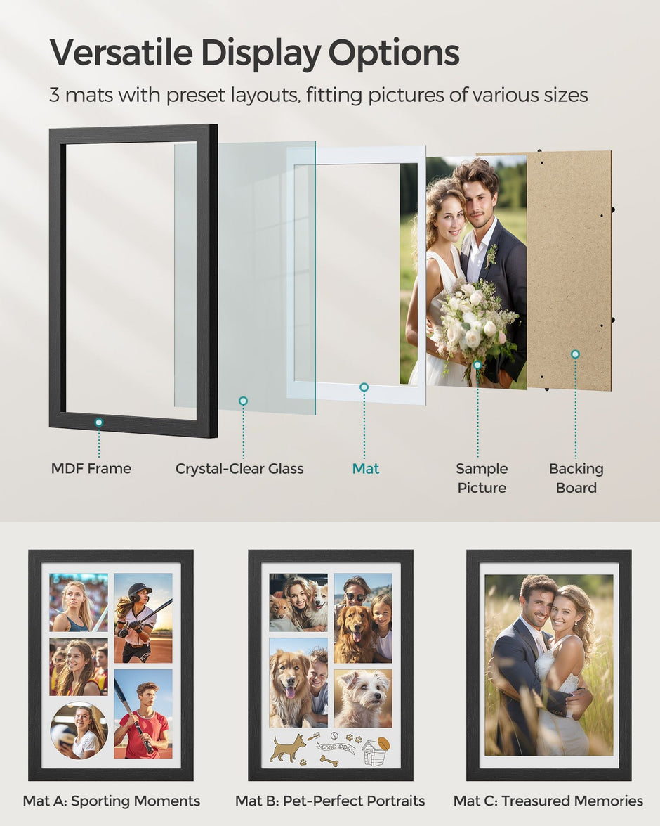 A4 Multi Photo Frame – Wood – Ash Black – Includes 3 Mats and Non-Trace Nails