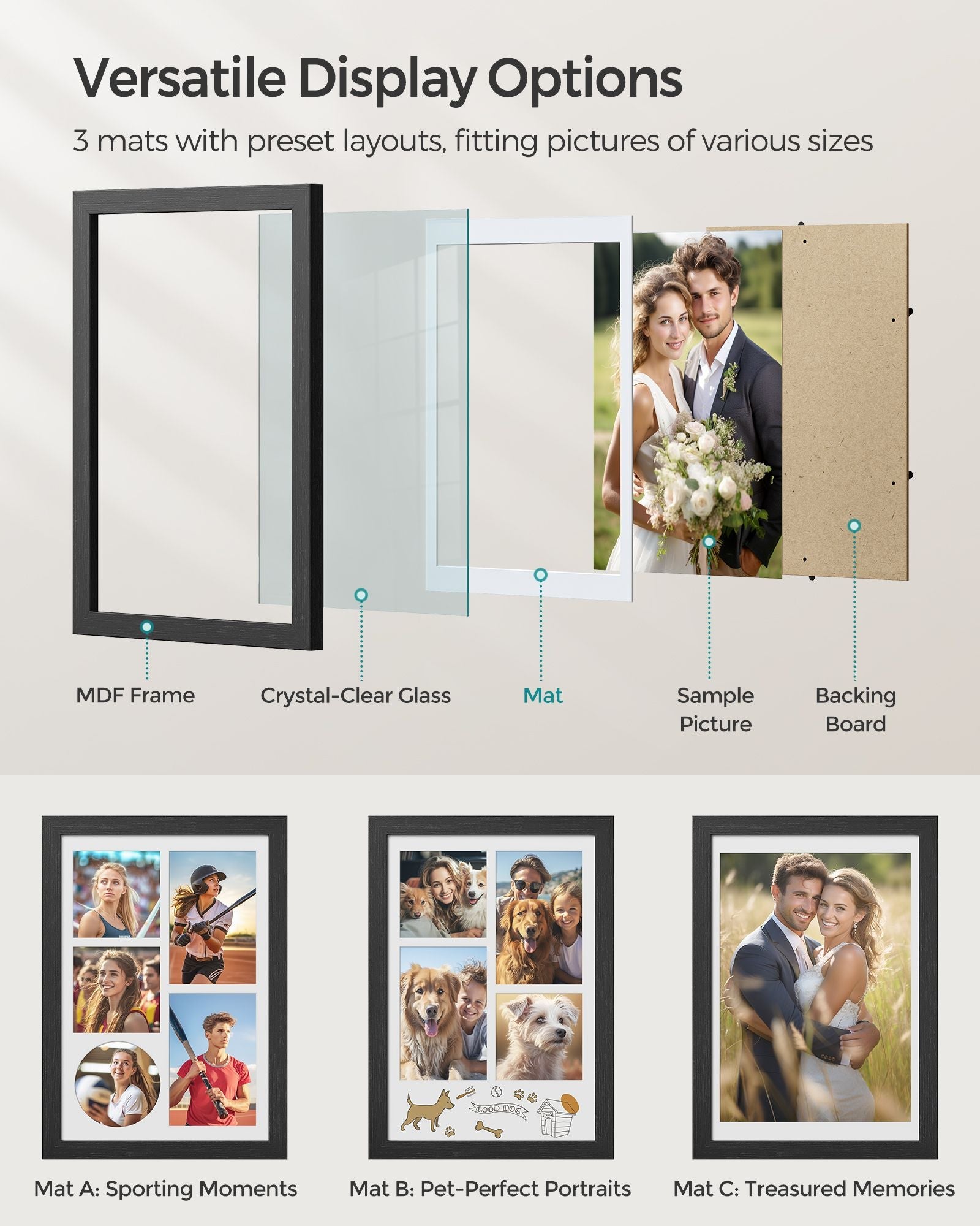 Set of 2 Collage Photo Frames – Wood – Ash Black – Includes 3 Mats for Multiple Photo Sizes