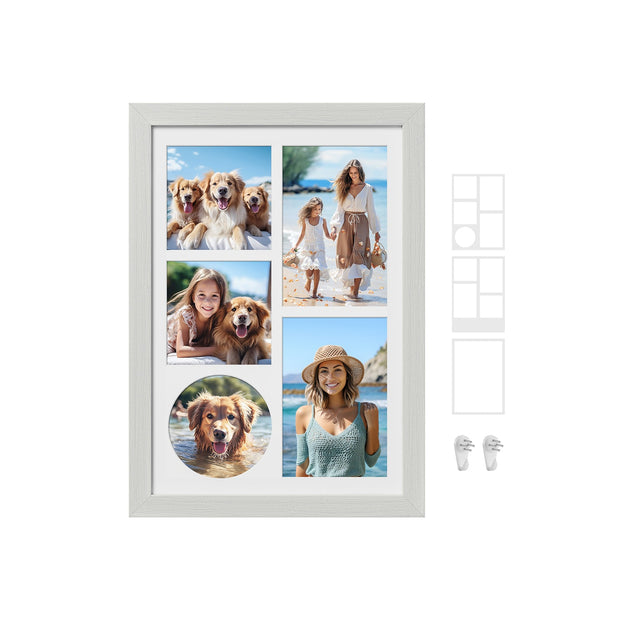 A4 Picture Frame – Wood – Rustic White – Multi Photo Collage with 3 Mats