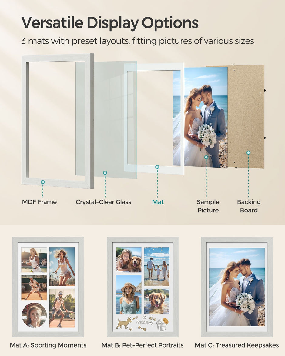 A4 Picture Frame – Wood – Rustic White – Multi Photo Collage with 3 Mats