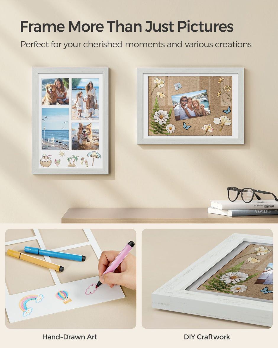A4 Picture Frame – Wood – Rustic White – Multi Photo Collage with 3 Mats