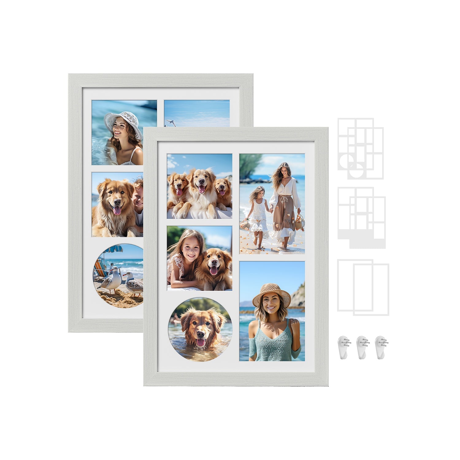 Set of 2 Rustic White Photo Frames – Wood – Adjustable for A4, 4x6, or 4x4 Photos – Includes Mats and Non-Trace Nails