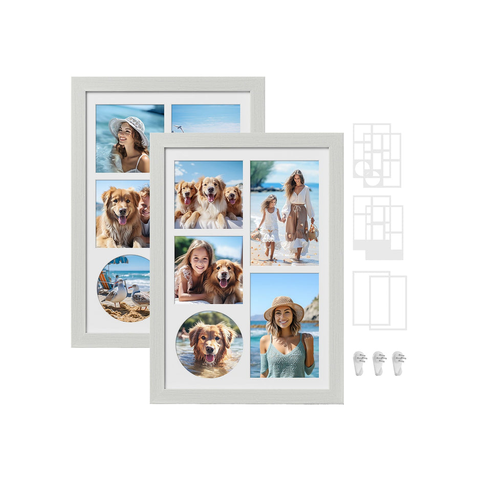 Set of 2 Rustic White Photo Frames – Wood – Adjustable for A4, 4x6, or 4x4 Photos – Includes Mats and Non-Trace Nails