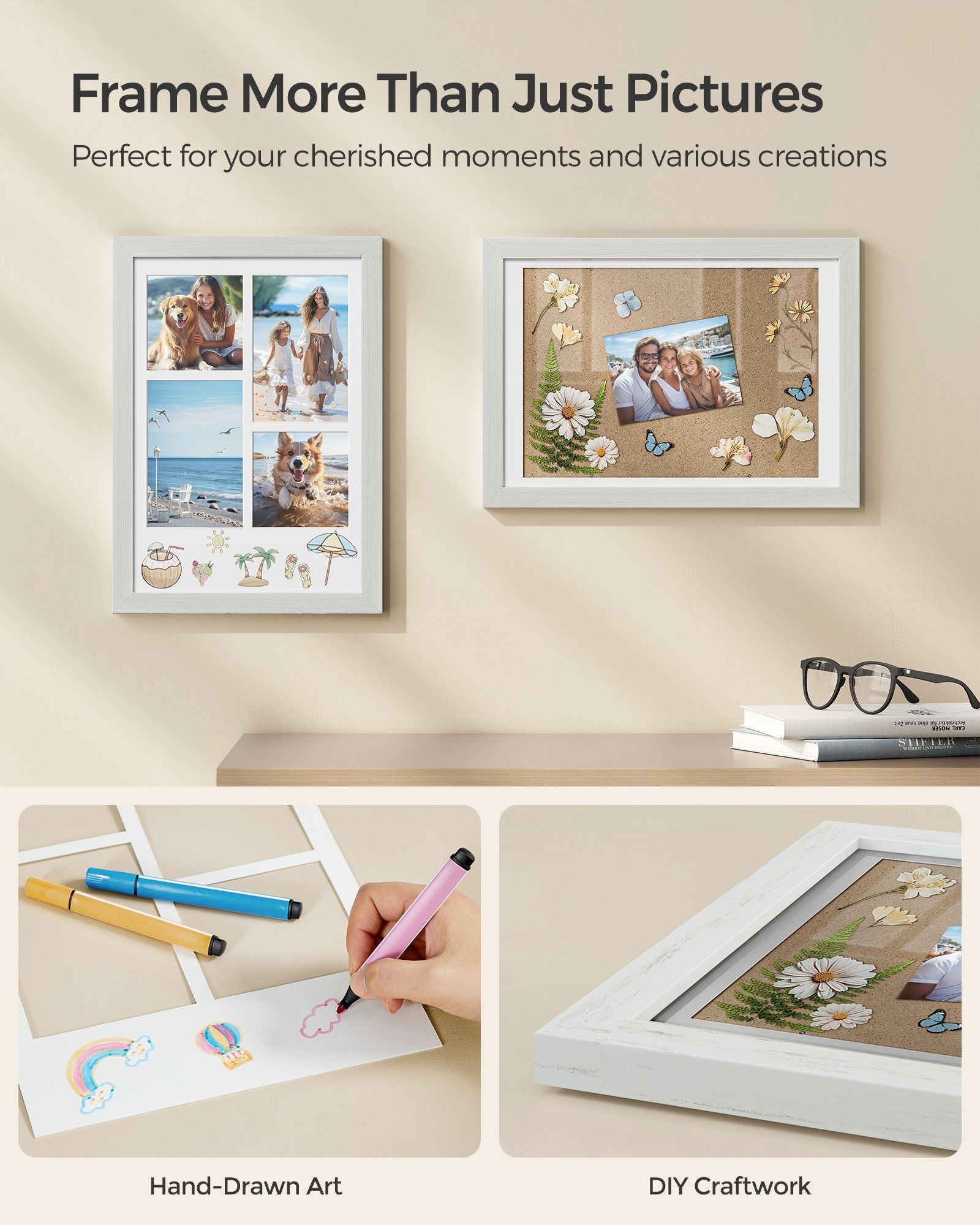 Set of 2 Rustic White Photo Frames – Wood – Adjustable for A4, 4x6, or 4x4 Photos – Includes Mats and Non-Trace Nails