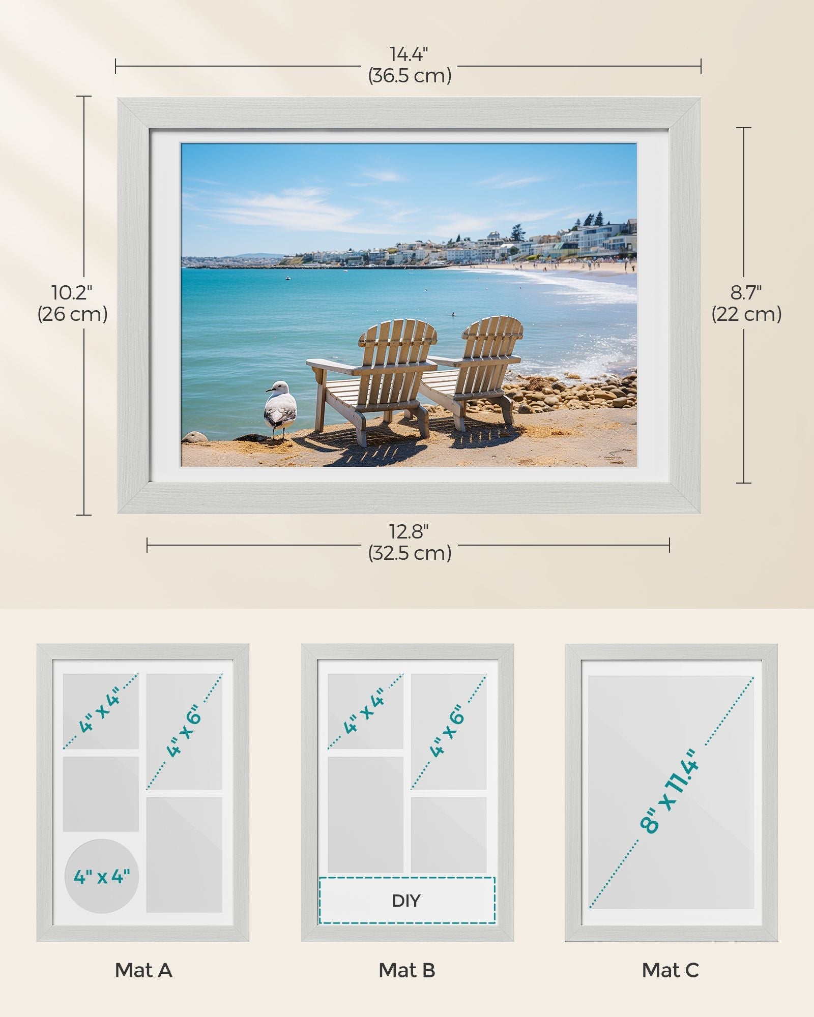 Set of 2 Rustic White Photo Frames – Wood – Adjustable for A4, 4x6, or 4x4 Photos – Includes Mats and Non-Trace Nails
