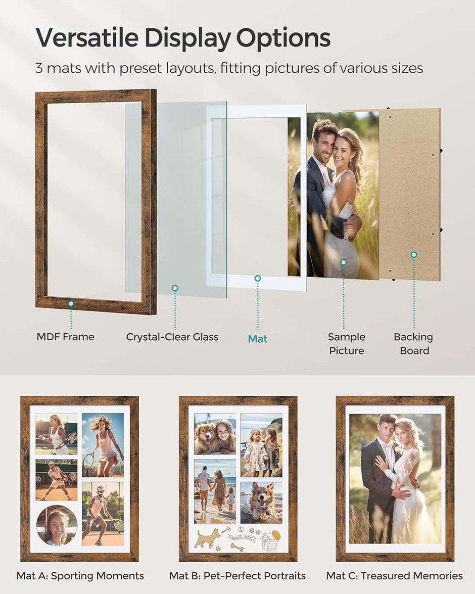 A4 Collage Picture Frame – Wood – Black – Includes 6 Mats and Shadow Box with Push Pins