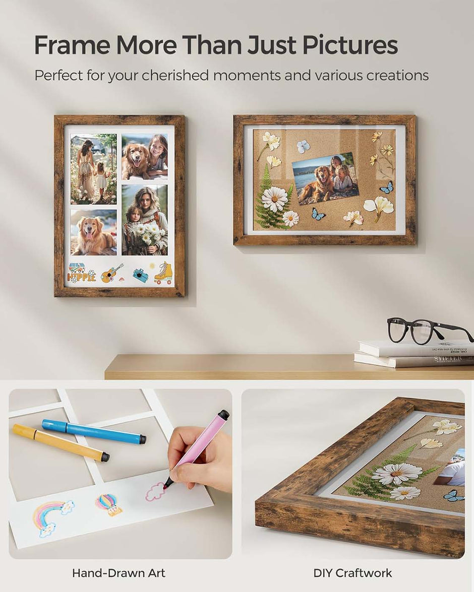 A4 Collage Picture Frame – Wood – Black – Includes 6 Mats and Shadow Box with Push Pins