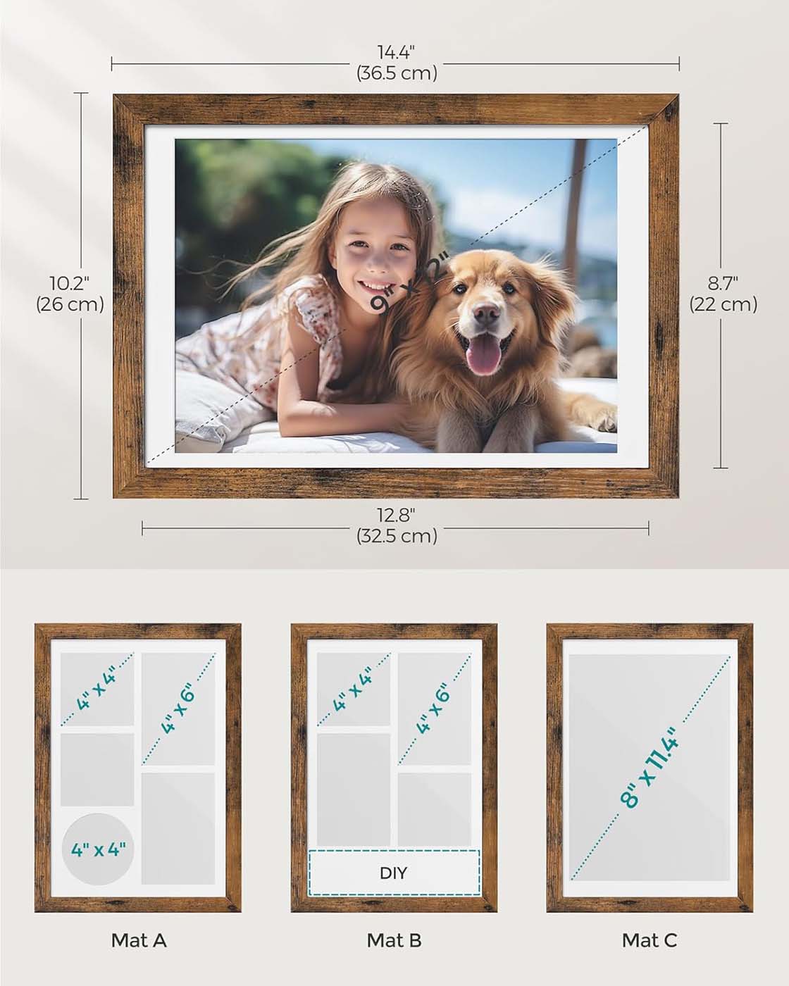 A4 Collage Picture Frame – Wood – Black – Includes 6 Mats and Shadow Box with Push Pins