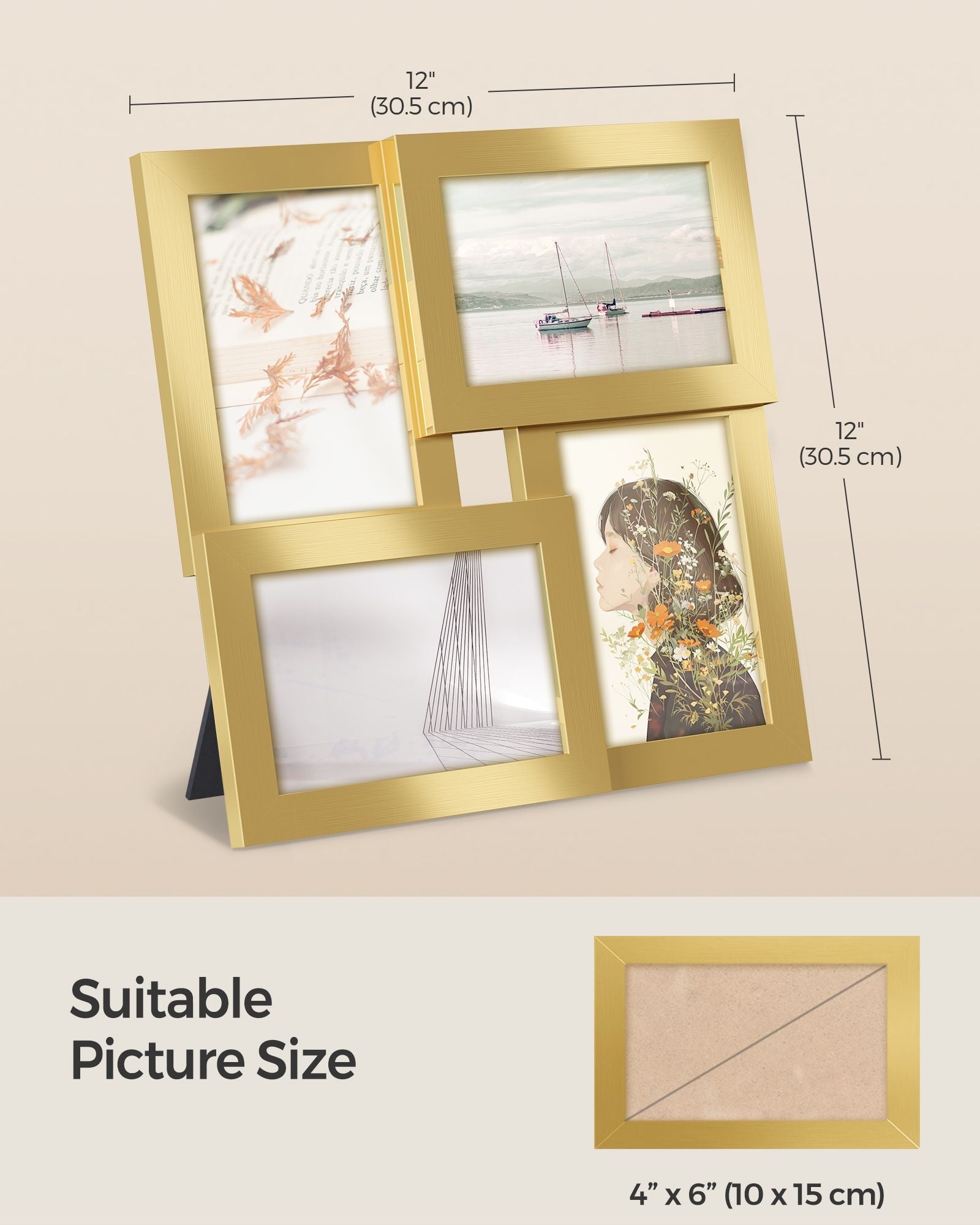 Photo Frame Collage – Wood – Pale Gold – 4-Window Design for 4x6 Photos