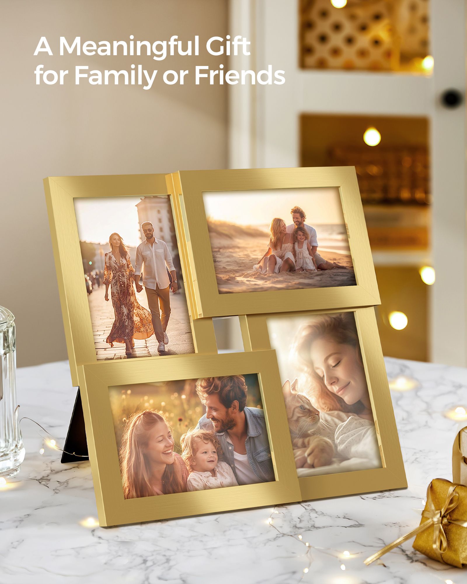 Photo Frame Collage – Wood – Pale Gold – 4-Window Design for 4x6 Photos
